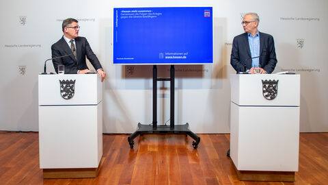 Ministerpräsident Rhein und Wirtschaftsminister Al-Wazir stellen Kampagne "Hessen steht zusammen" vor