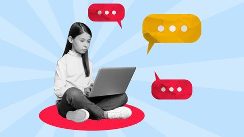 Kommunikation im Internet Digitale Collage: vor einem hellblauen Strahlen-Hintergrund sitzt ein Mädchen mit Laptop in Schwarzweiß. Um es herum schweben orange und rote Sprechblasen-Illustrationen