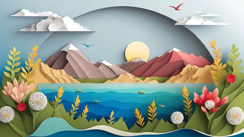 Papier Illustration Schöne Naturlandschaft mit verschiedenen Ebenen aus Pappkarton