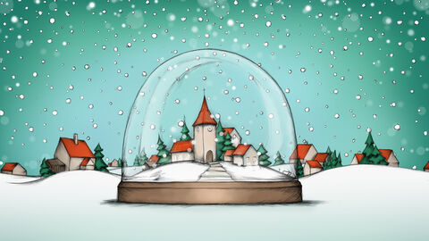 Illustrierte Winterlandschaft, Der Kirchturm und ein paar Häuser sind in einer Schneekugel.