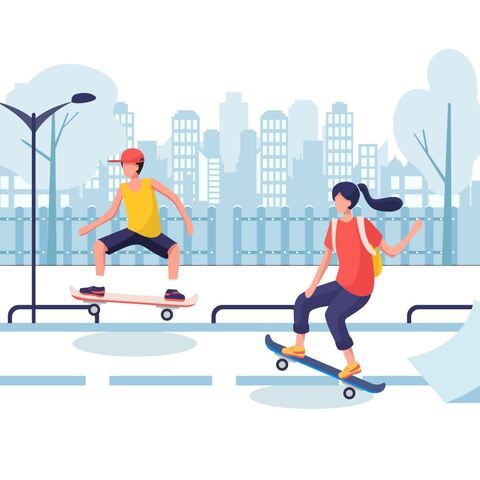 Illustration: Zwei junge Menschen fahren auf Skateboards durch eine Großstadt