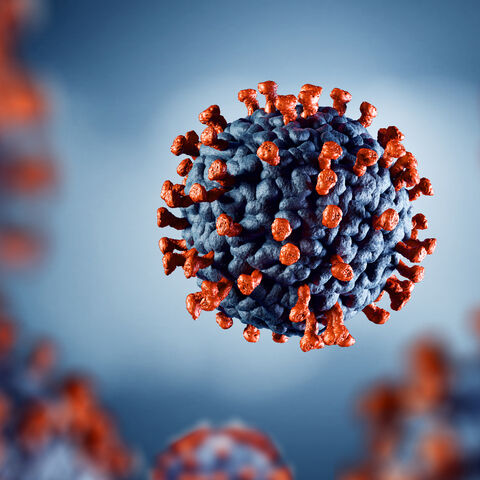 Symbolbild Corona-Virus Abbildung eines Corona-Virus in Blau und Rot